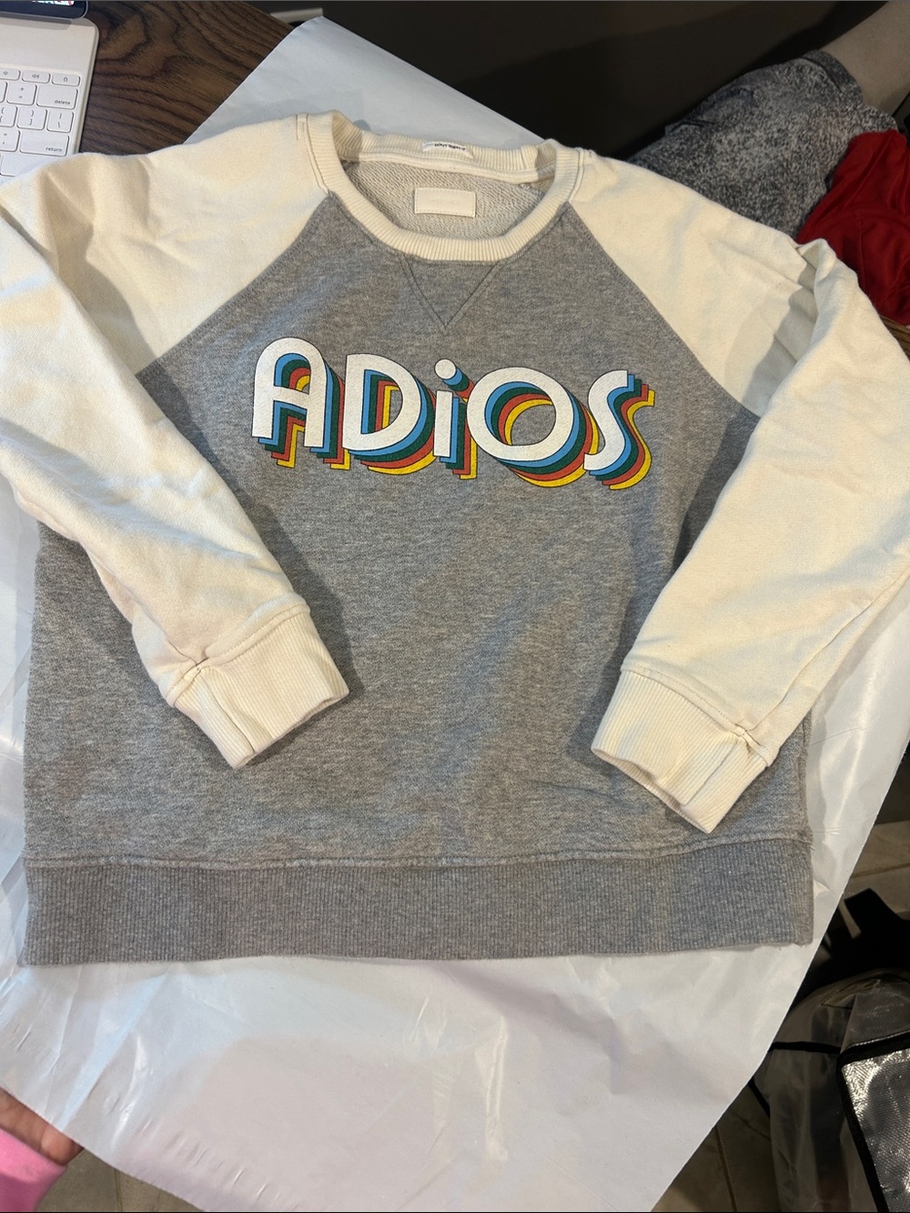 MOTHER Adios Graphic Raglan Crewneck Sweater - Gray & Cream